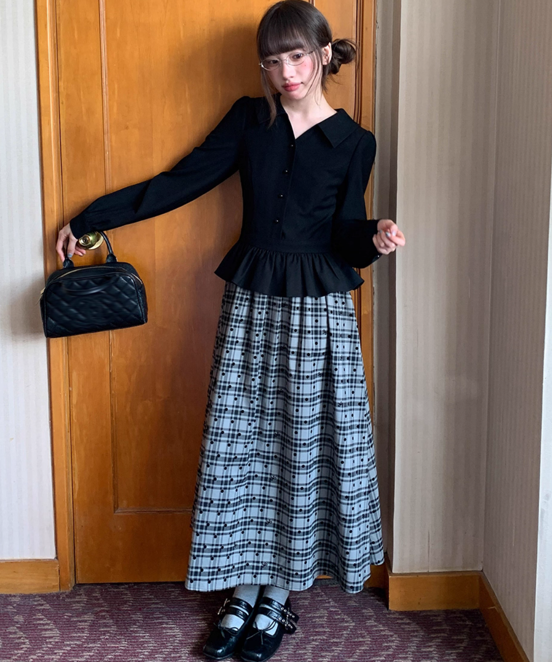 【LEJA】チェック柄レイヤードペプラムセットアップワンピースドレス Sサイズ Leja（レジャ）の「【LEJA】チェック柄レイヤードペプラム