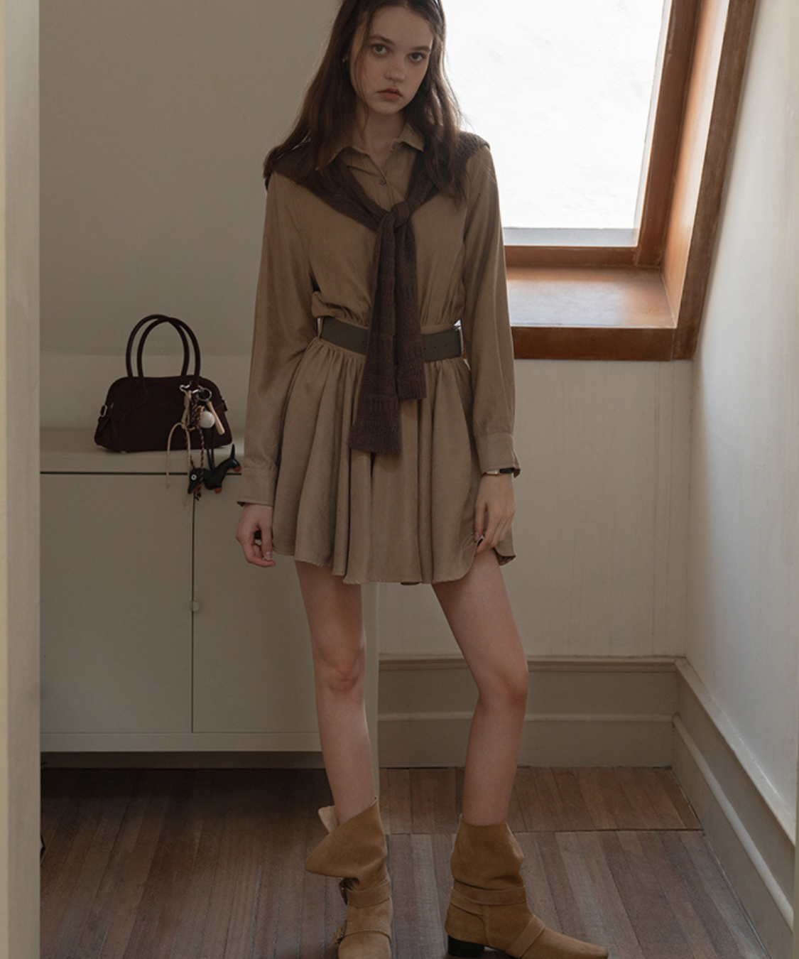 肩掛けニット風デザインシャツワンピース