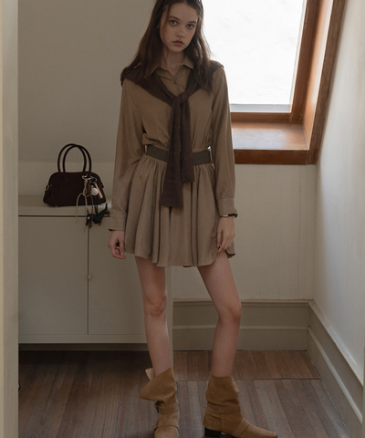 肩掛けニット風デザインシャツワンピース