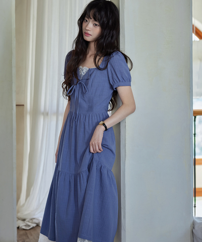 レースレイヤード風フロントリボンティアードワンピース