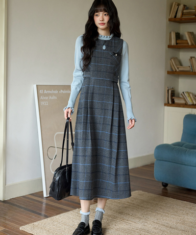 ウエスト切替チェックリボンワンピース