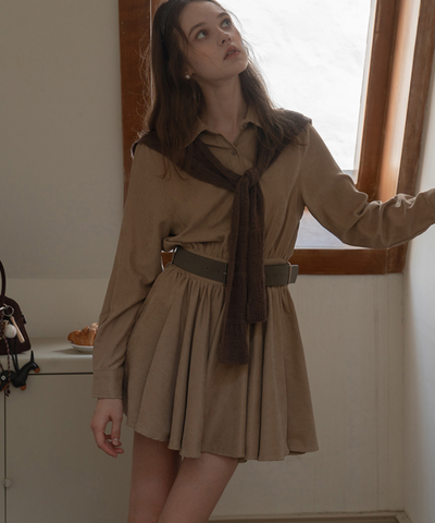 肩掛けニット風デザインシャツワンピース