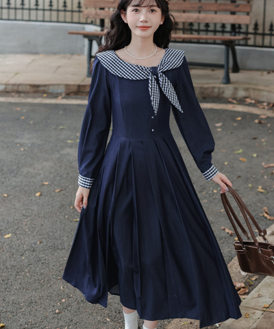 ギンガムチェック襟ボックスプリーツワンピース