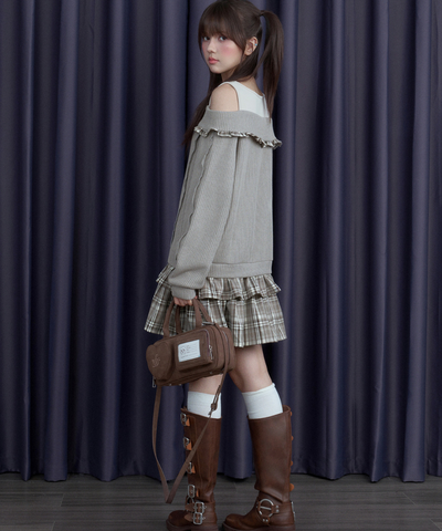 チェックフリル切替ニットフェイクワンピース