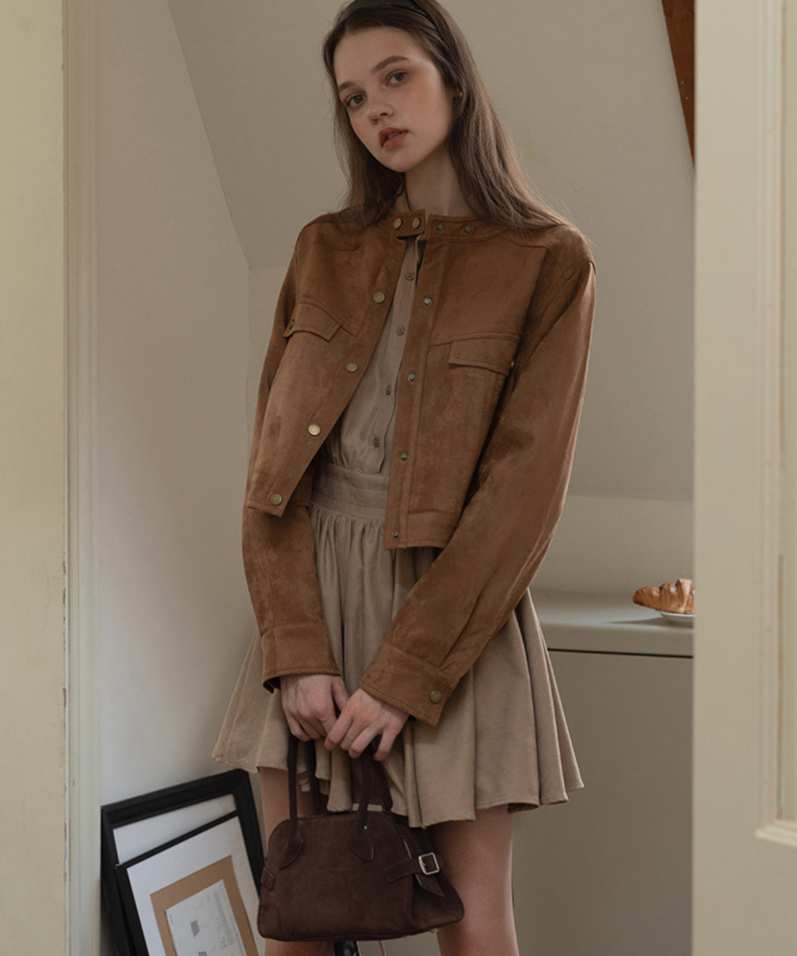 肩掛けニット風デザインシャツワンピース