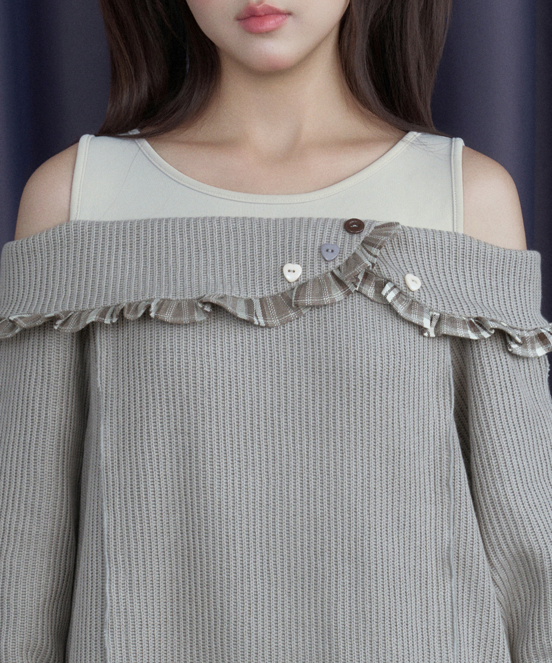 チェックフリル切替ニットフェイクワンピース