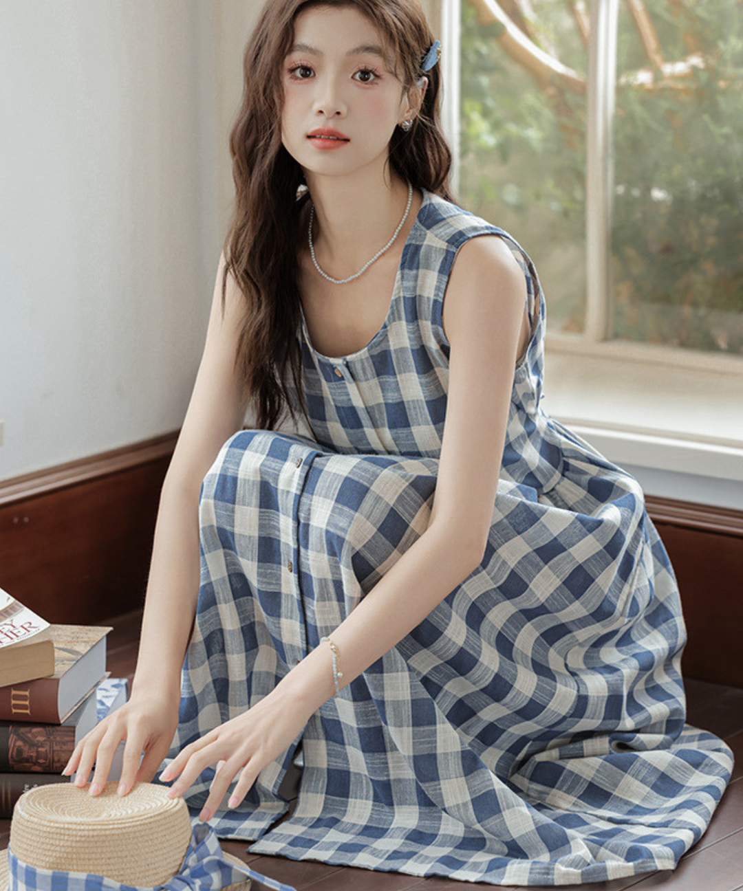 青と白のギンガムチェックノースリーブワンピース ギンガムチェックノースリーブシャツワンピース – jemiremi