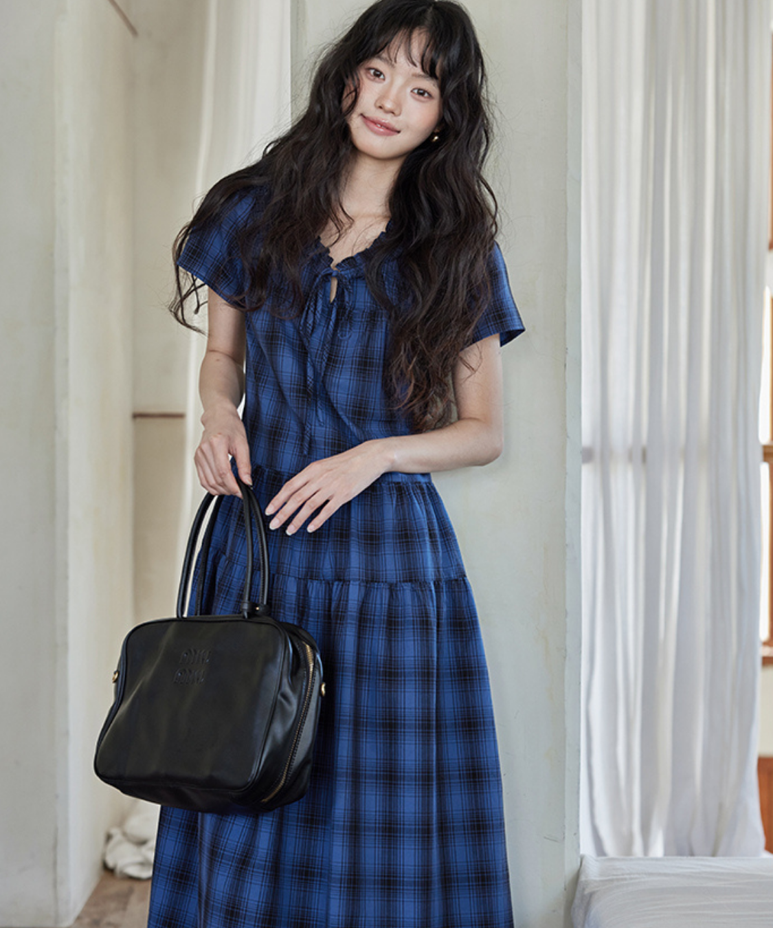 チェック柄ギャザーフリルネックティアードワンピース