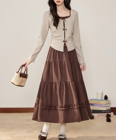 リボンフェイクレイヤードトップス＋ティアードフリルスカート 2点セット