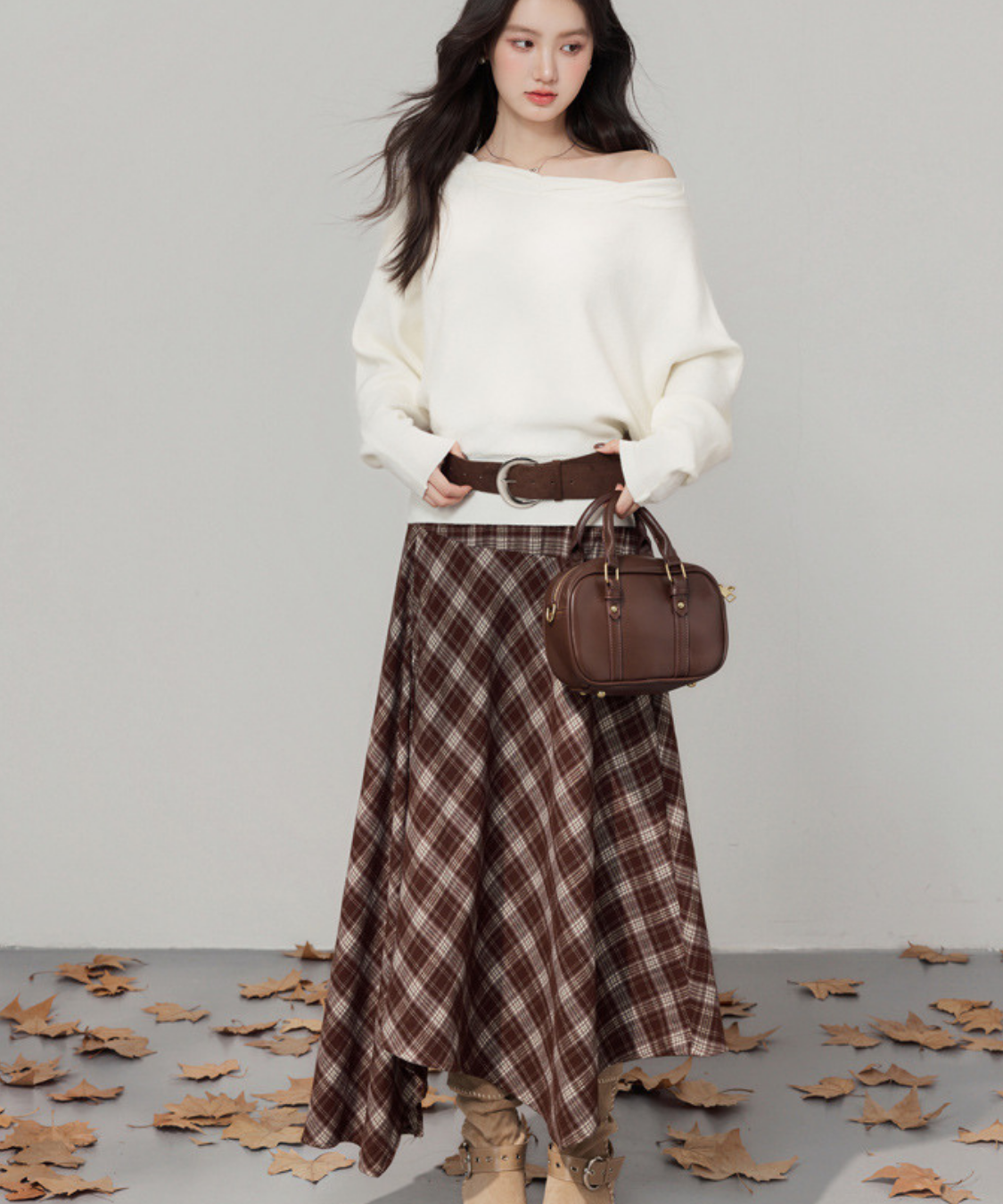 オフショルダーニット＋チェックアシンメトリースカート 2点セット