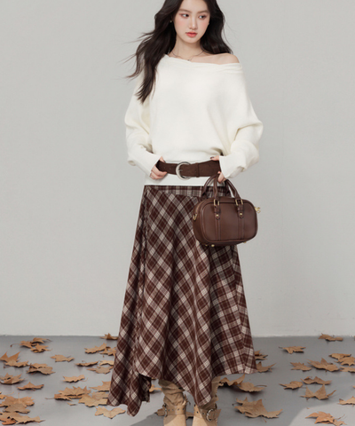 オフショルダーニット＋チェックアシンメトリースカート 2点セット