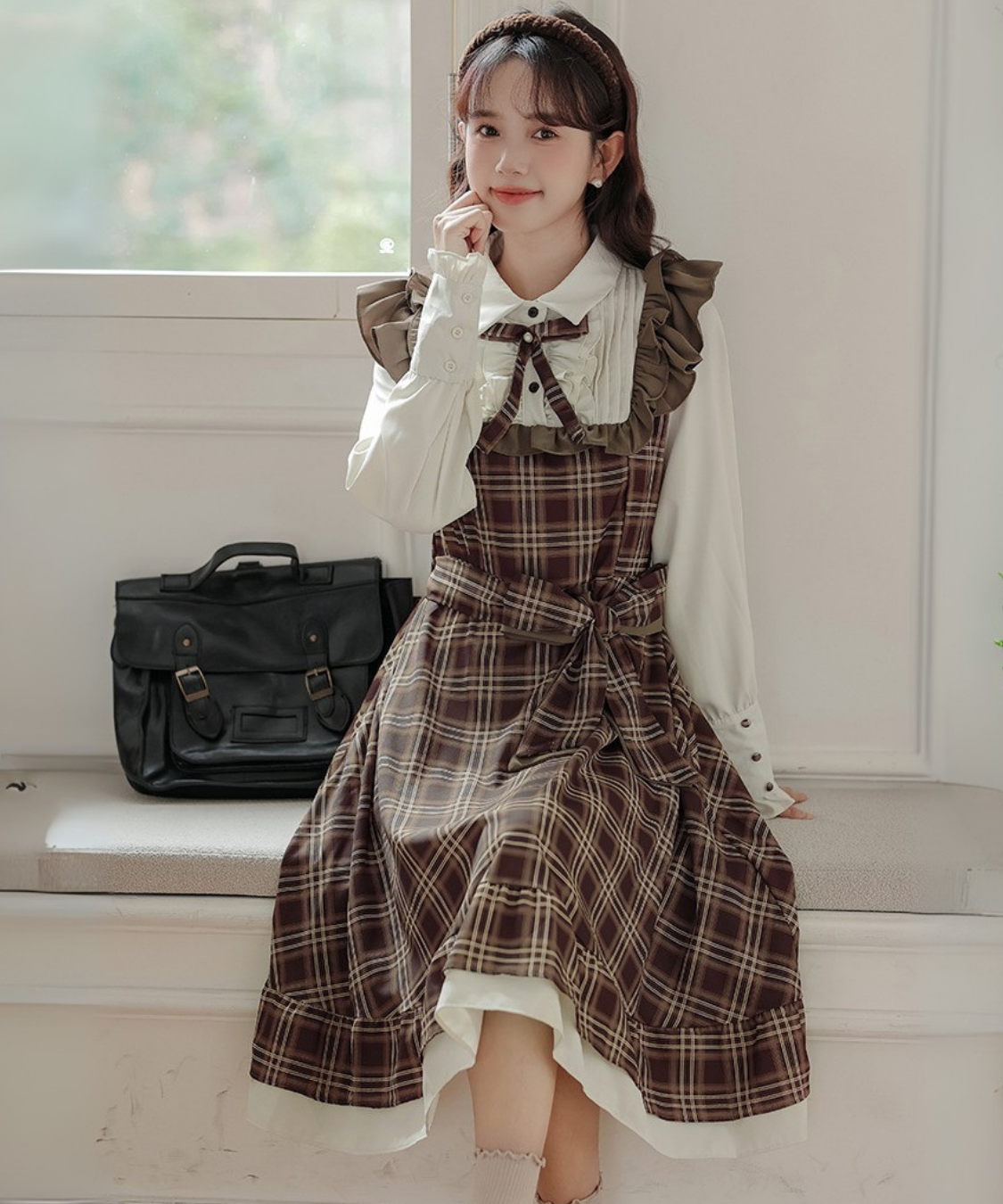 ピンタックブラウスドッキングチェック柄ワンピース