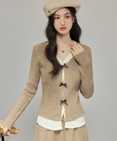 フロントリボンリブカーデ＋ロングニットスカート 2点セット