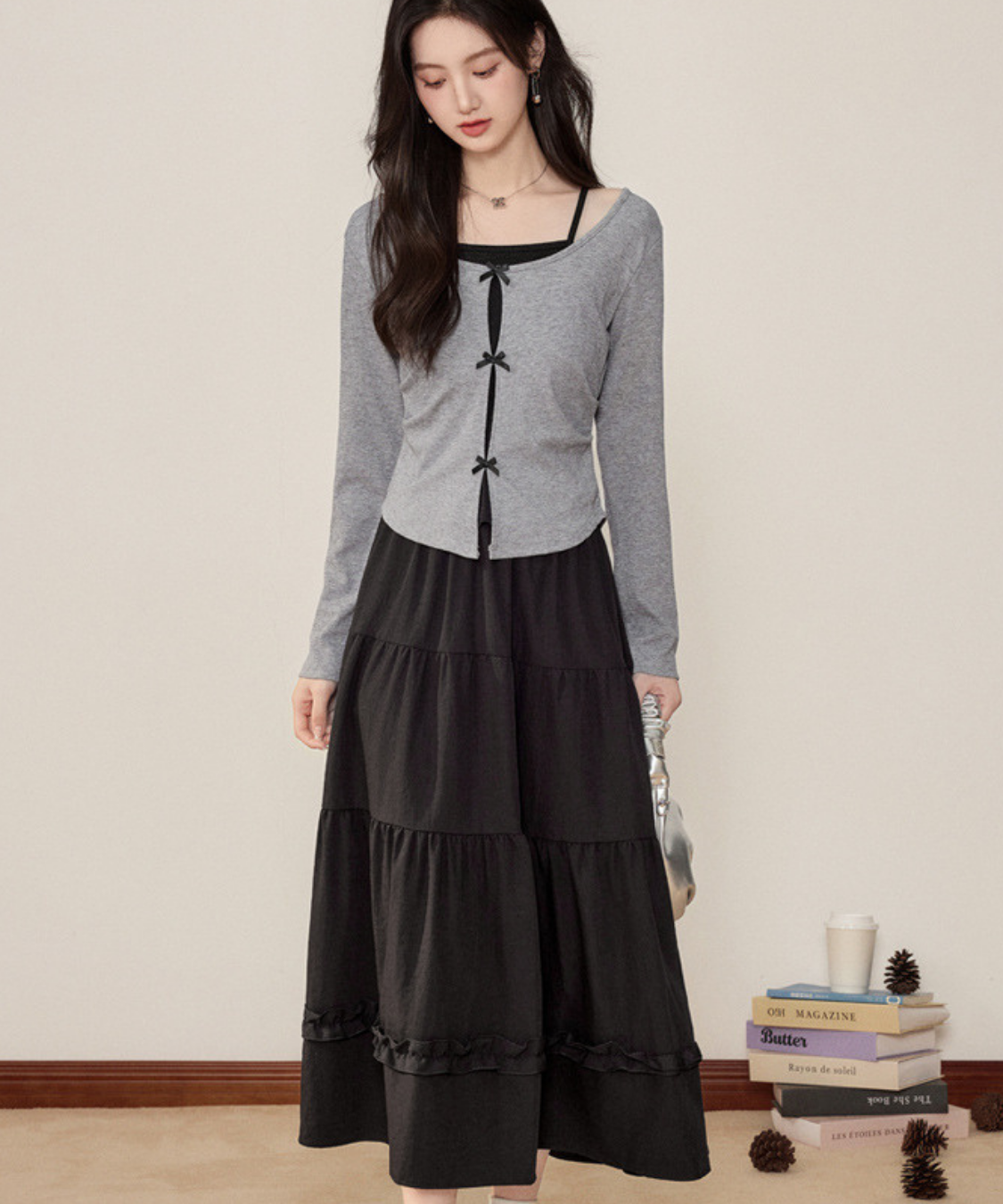 リボンフェイクレイヤードトップス＋ティアードフリルスカート 2点セット