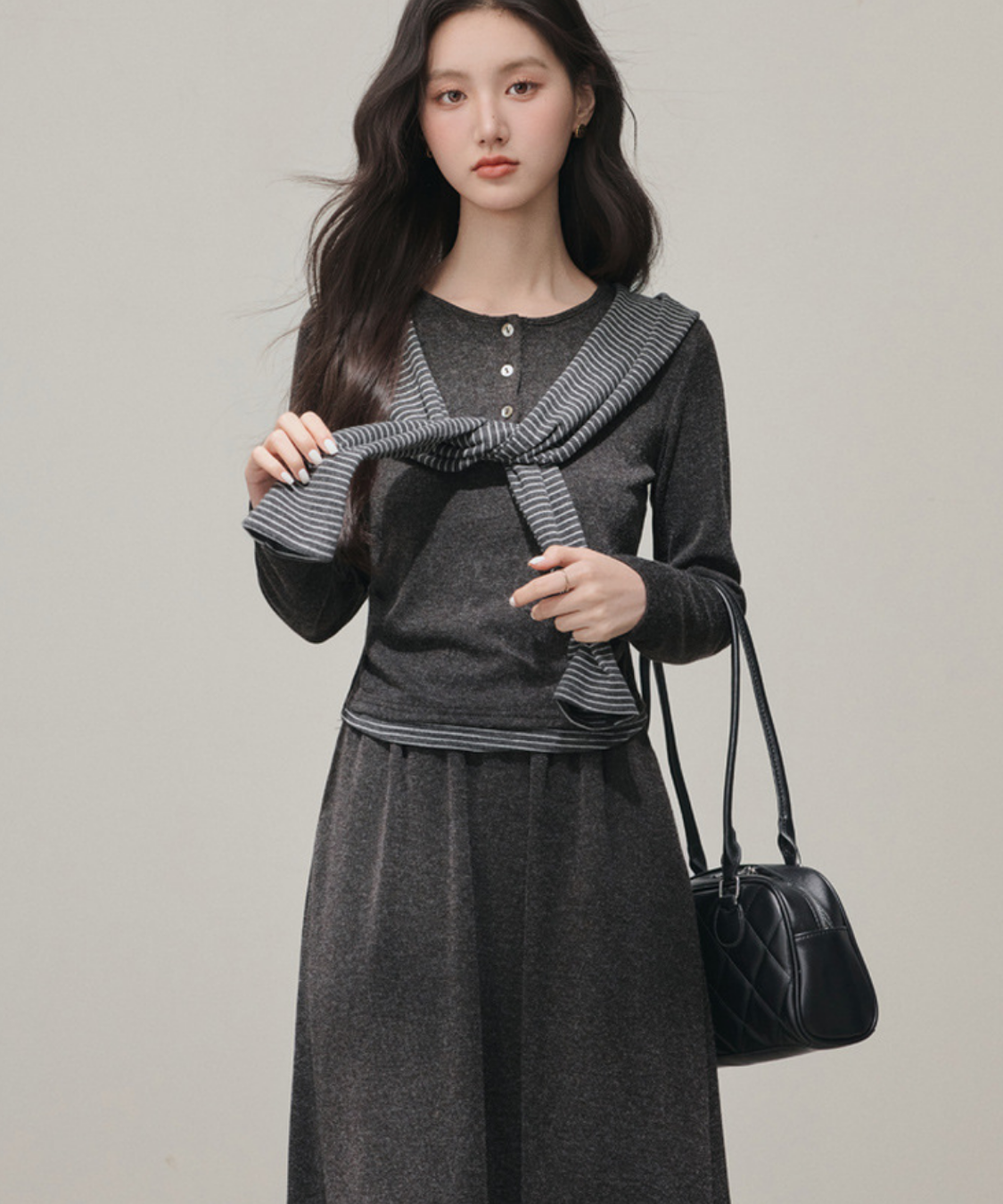 ヘンリーネックニット＋ロングスカート＋フード付きボーダーショール 3点セット