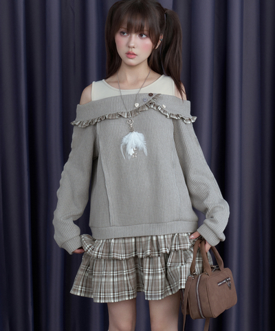 チェックフリル切替ニットフェイクワンピース