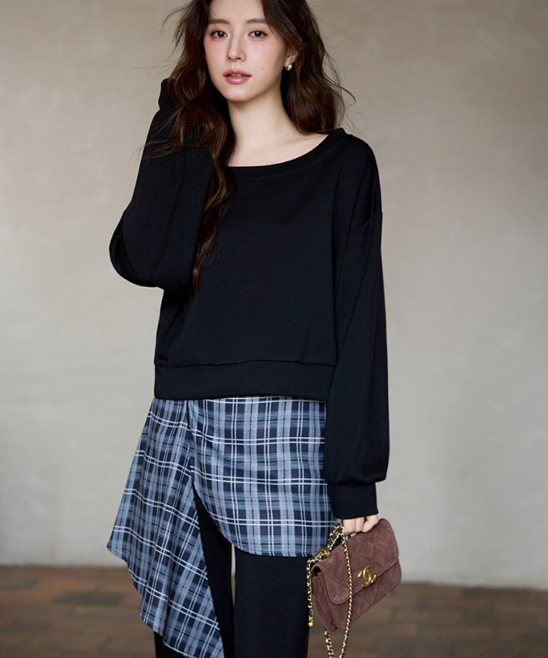 オフショルダートップス＋チェックレイヤードパンツ 2点セット