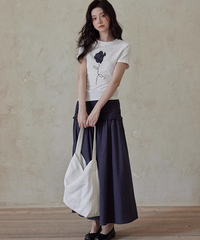 ワンポイントチェックフラワープリントTシャツ