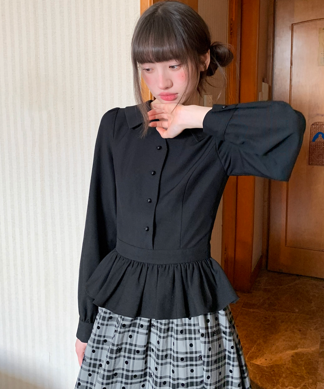 LEJA】チェック柄レイヤードペプラムセットアップワンピースドレス S LEJA】チェック柄レイヤードペプラムセットアップワンピースドレス S