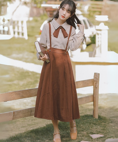 配色リボンブラウス＋サスペンダースカート2点セット