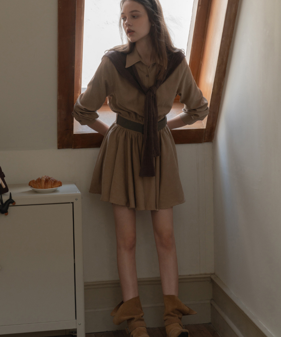 肩掛けニット風デザインシャツワンピース