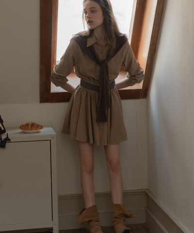 肩掛けニット風デザインシャツワンピース