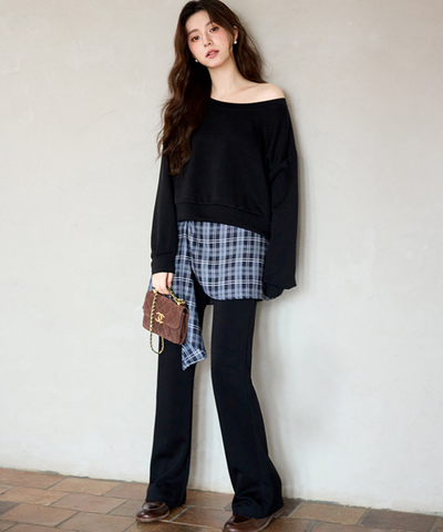 オフショルダートップス＋チェックレイヤードパンツ 2点セット