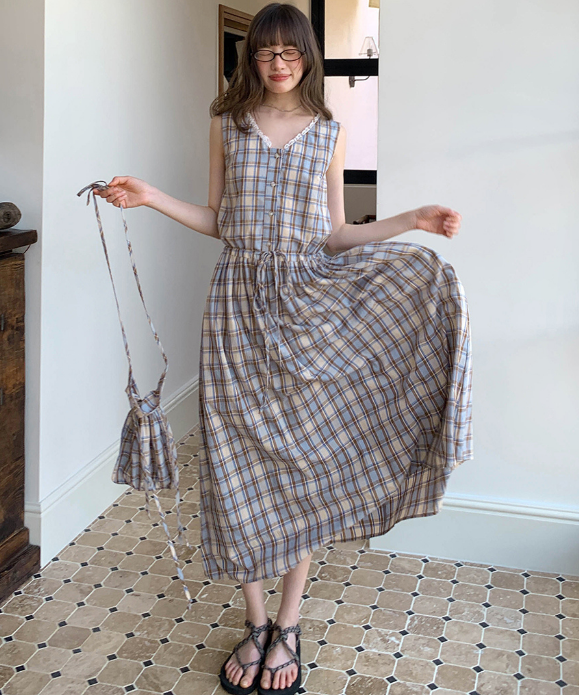 巾着バッグセットレースVネックチェック柄ワンピース