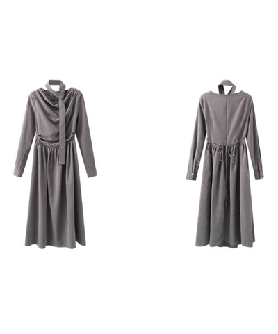 ウエストギャザードレープネックロングワンピース