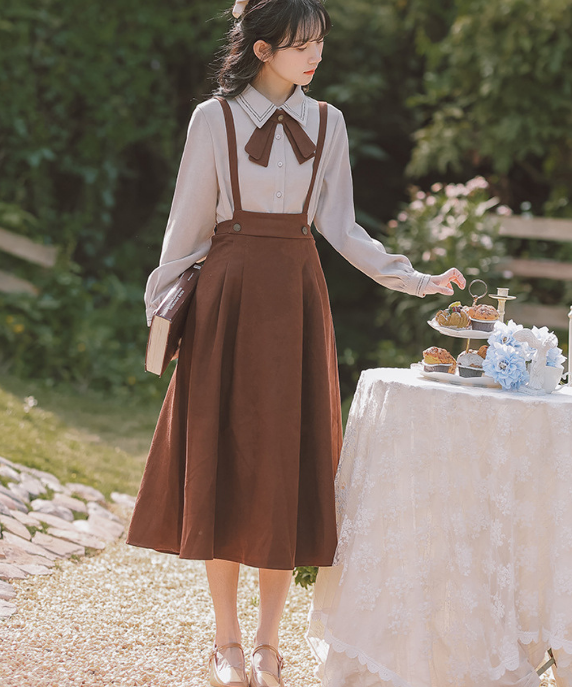 配色リボンブラウス＋サスペンダースカート2点セット