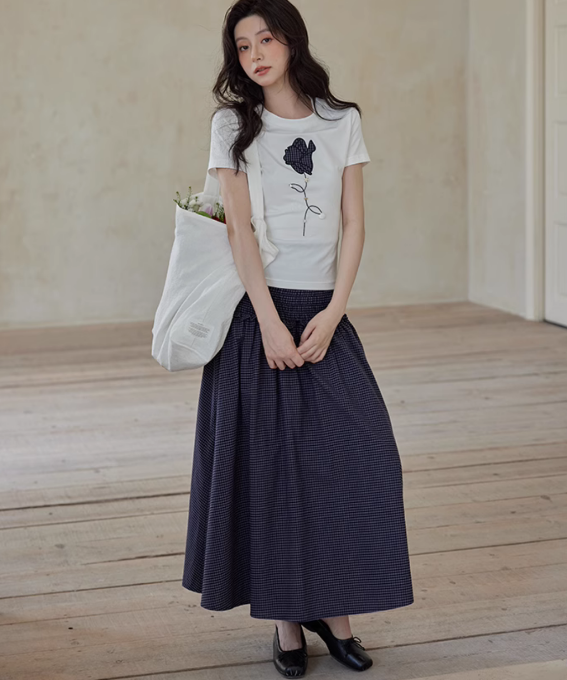 ワンポイントチェックフラワープリントTシャツ