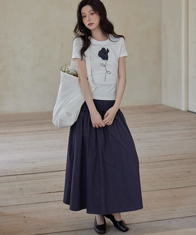 ワンポイントチェックフラワープリントTシャツ