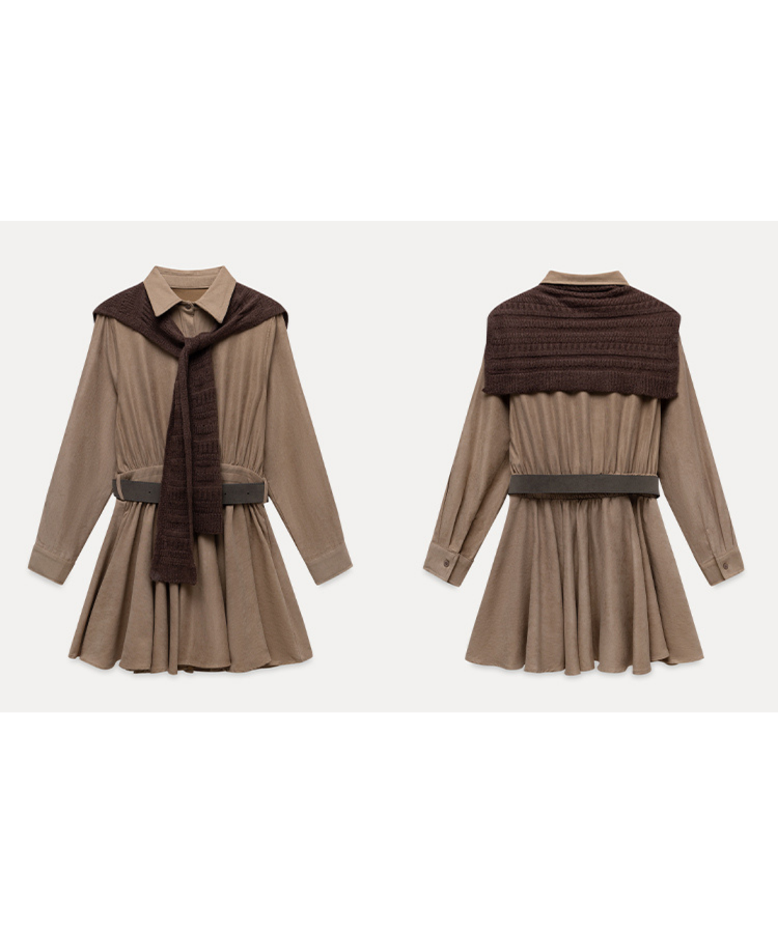 肩掛けニット風デザインシャツワンピース