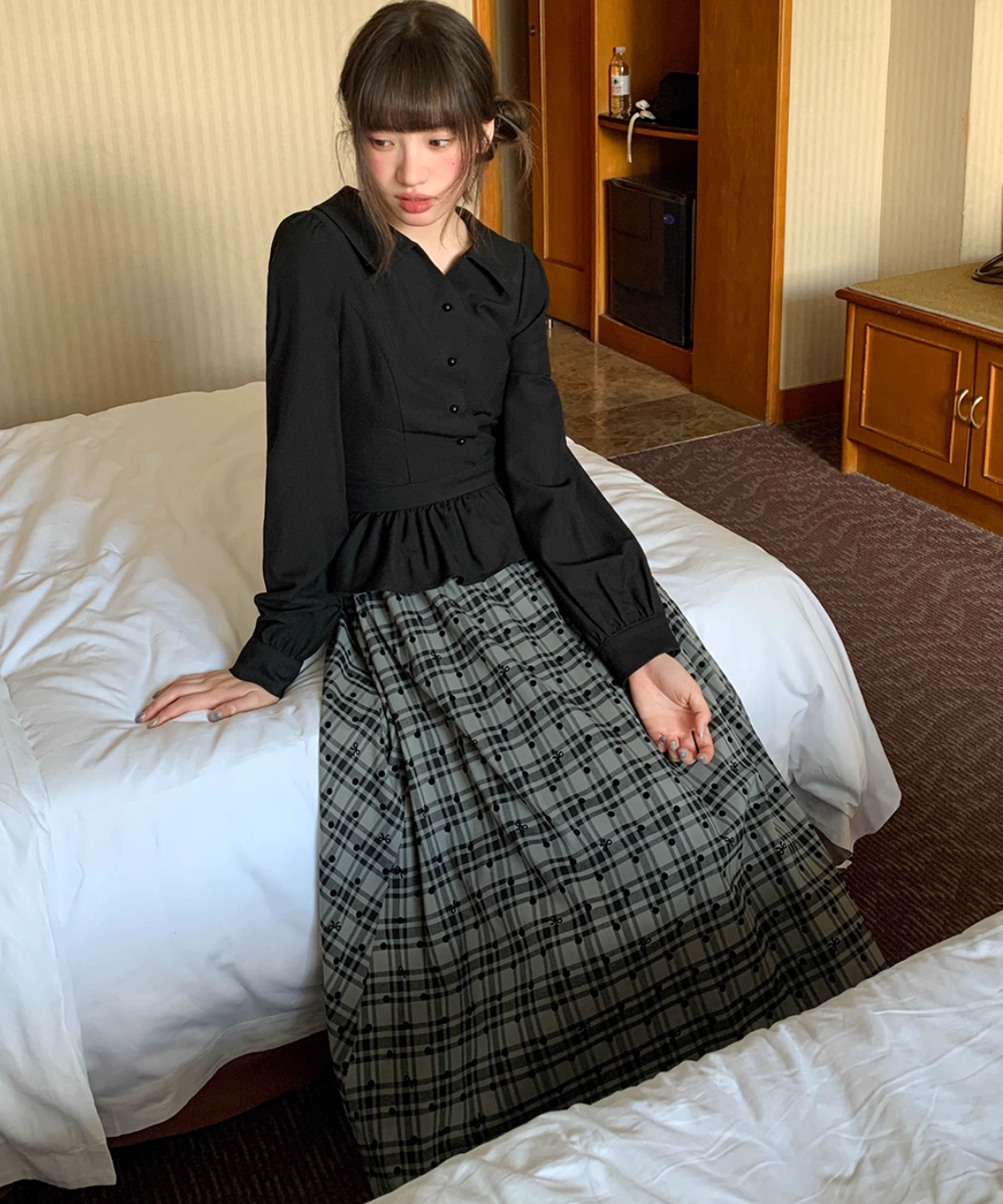 【LEJA】チェック柄レイヤードペプラムセットアップワンピースドレス Sサイズ Leja（レジャ）の「【LEJA】チェック柄レイヤードペプラム