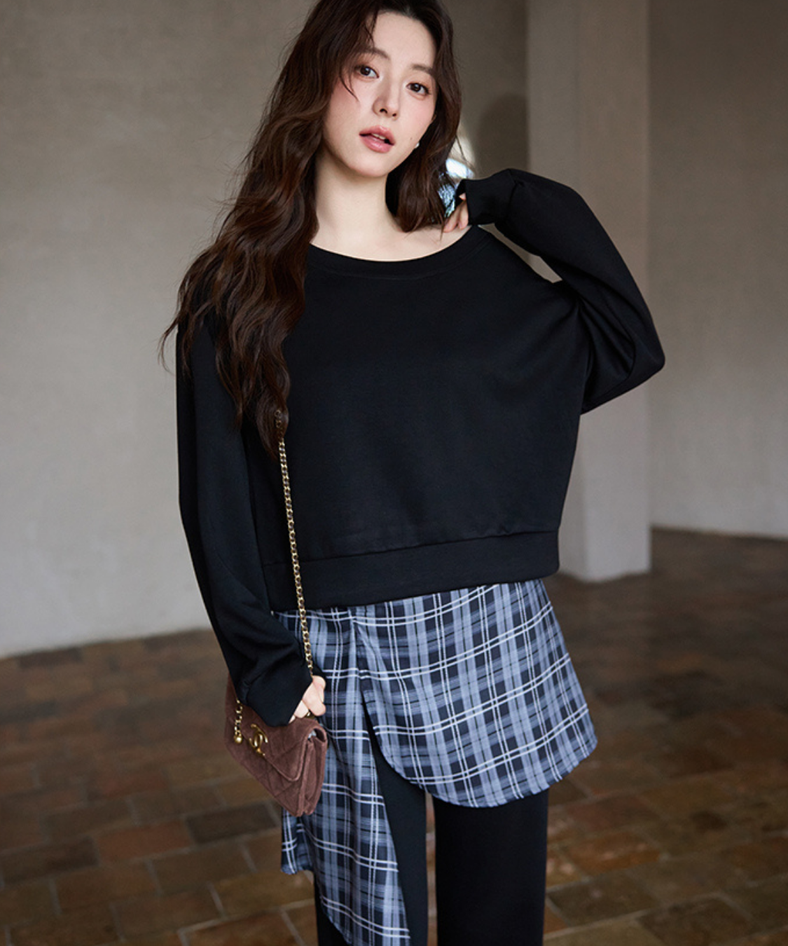 オフショルダートップス＋チェックレイヤードパンツ 2点セット