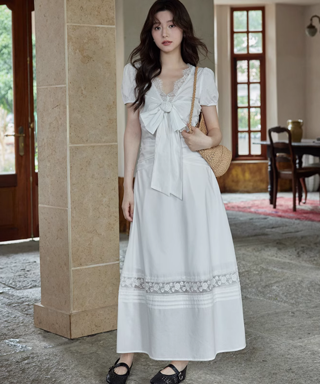 イタリア製【エルマンノシェルヴィーノ】レースワンピース　リボン　フェミニン　M イタリア製【エルマンノシェルヴィーノ】レースワンピース