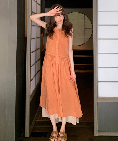 前開き配色裾ノースリーブワンピース