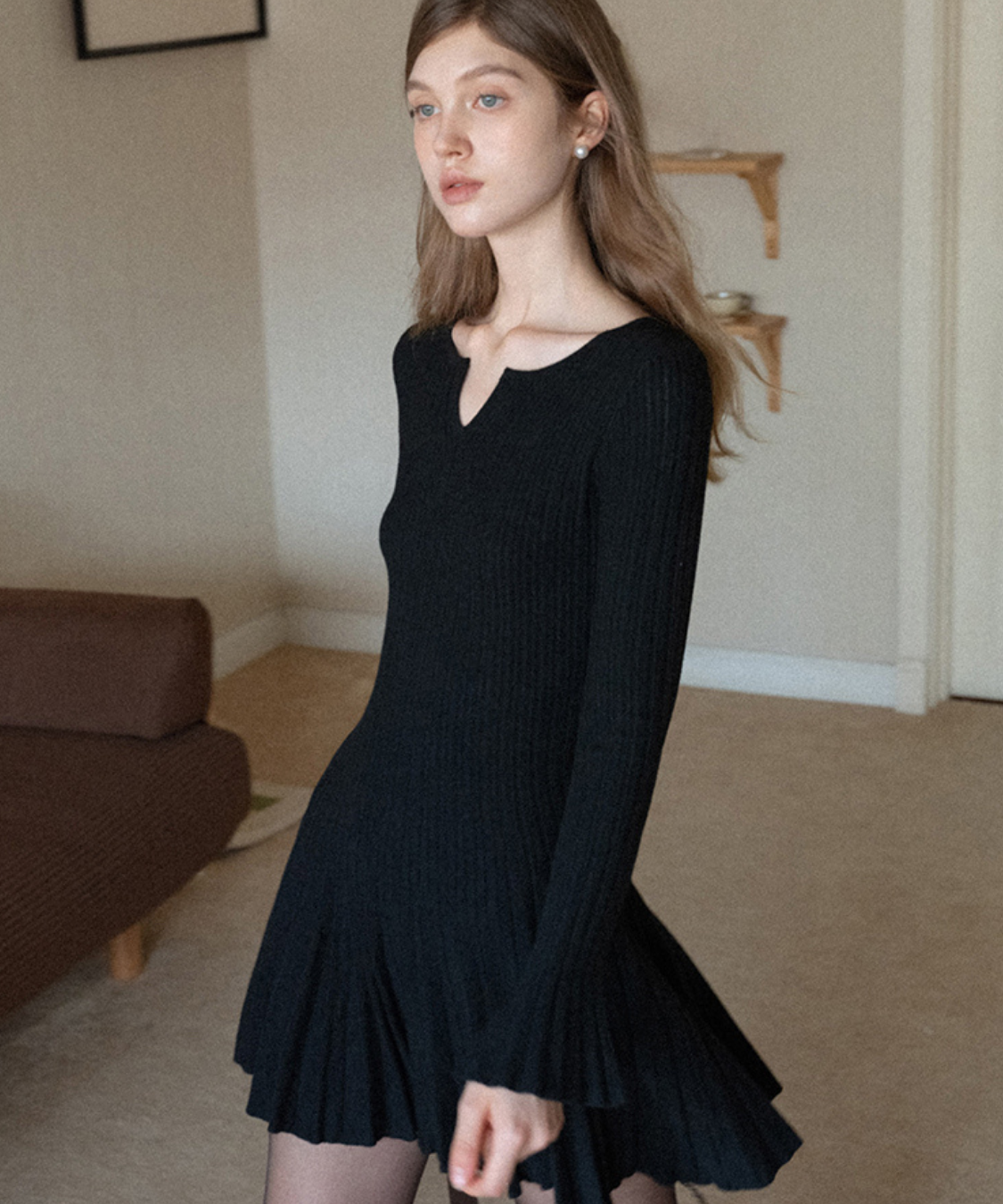 フレアスリーブプリーツニットワンピース