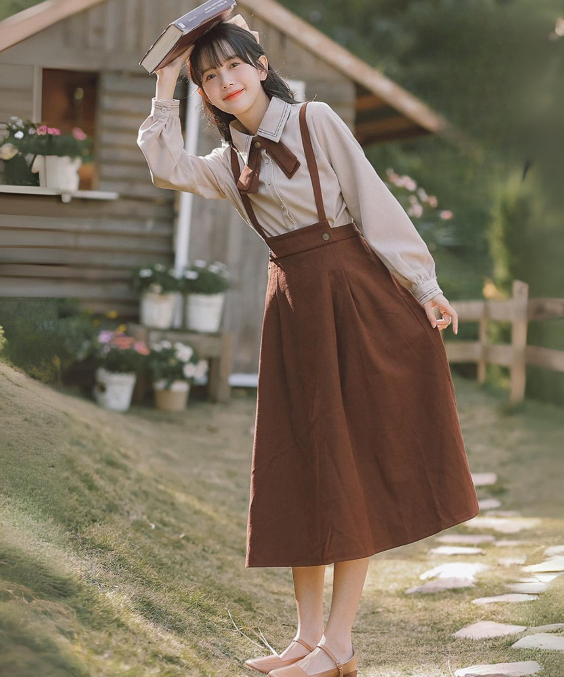 配色リボンブラウス＋サスペンダースカート2点セット