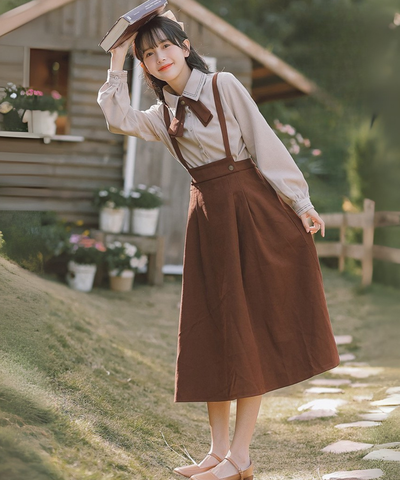 配色リボンブラウス＋サスペンダースカート2点セット