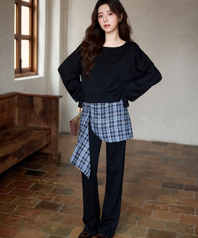 オフショルダートップス＋チェックレイヤードパンツ 2点セット