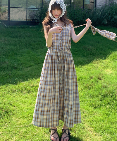 巾着バッグセットレースVネックチェック柄ワンピース