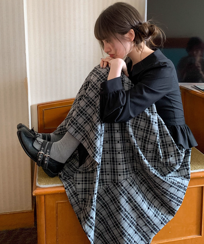 ペプラム切替チェック柄レイヤード風ワンピース – jemiremi