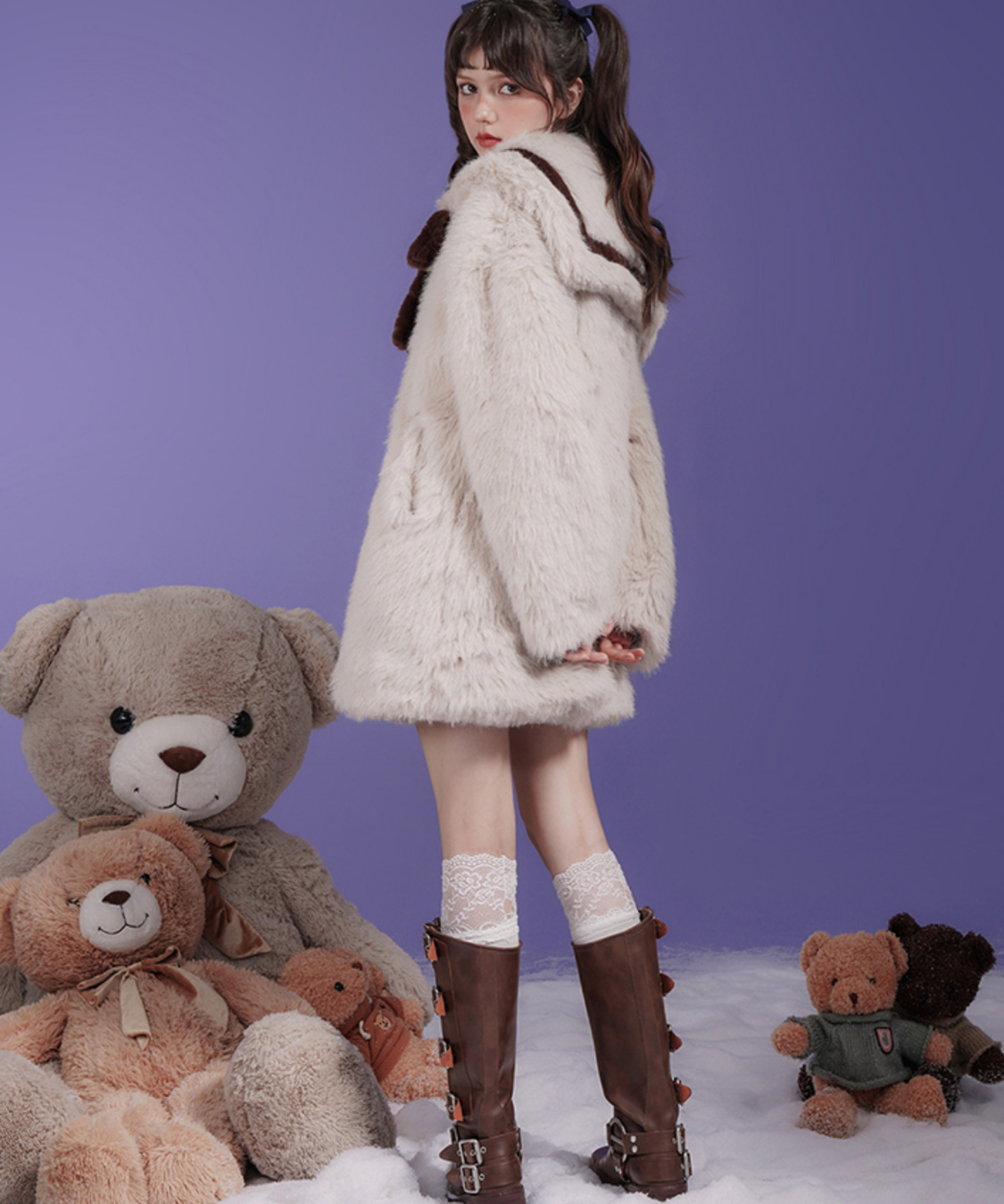 リボン付きセーラーデザインフェイクファーコート