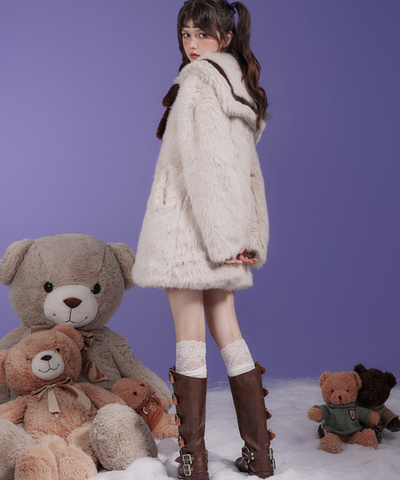 リボン付きセーラーデザインフェイクファーコート