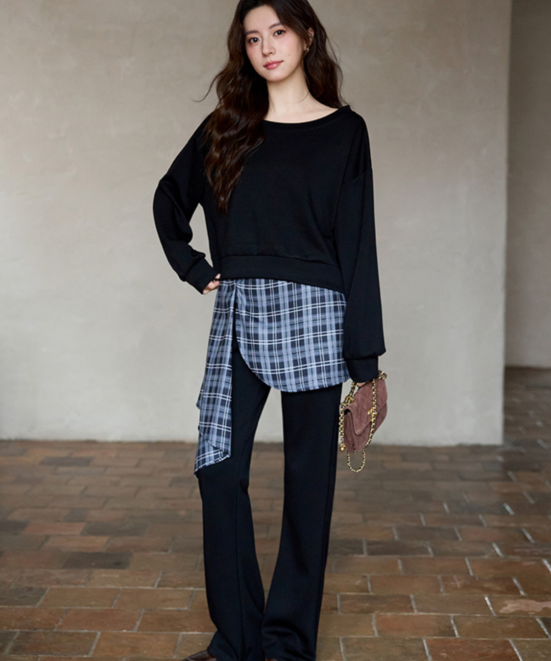 オフショルダートップス＋チェックレイヤードパンツ 2点セット