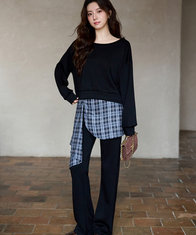 オフショルダートップス＋チェックレイヤードパンツ 2点セット