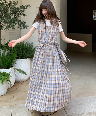 巾着バッグセットレースVネックチェック柄ワンピース