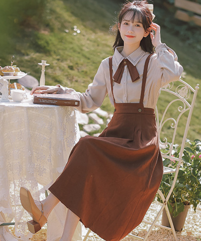 配色リボンブラウス＋サスペンダースカート2点セット