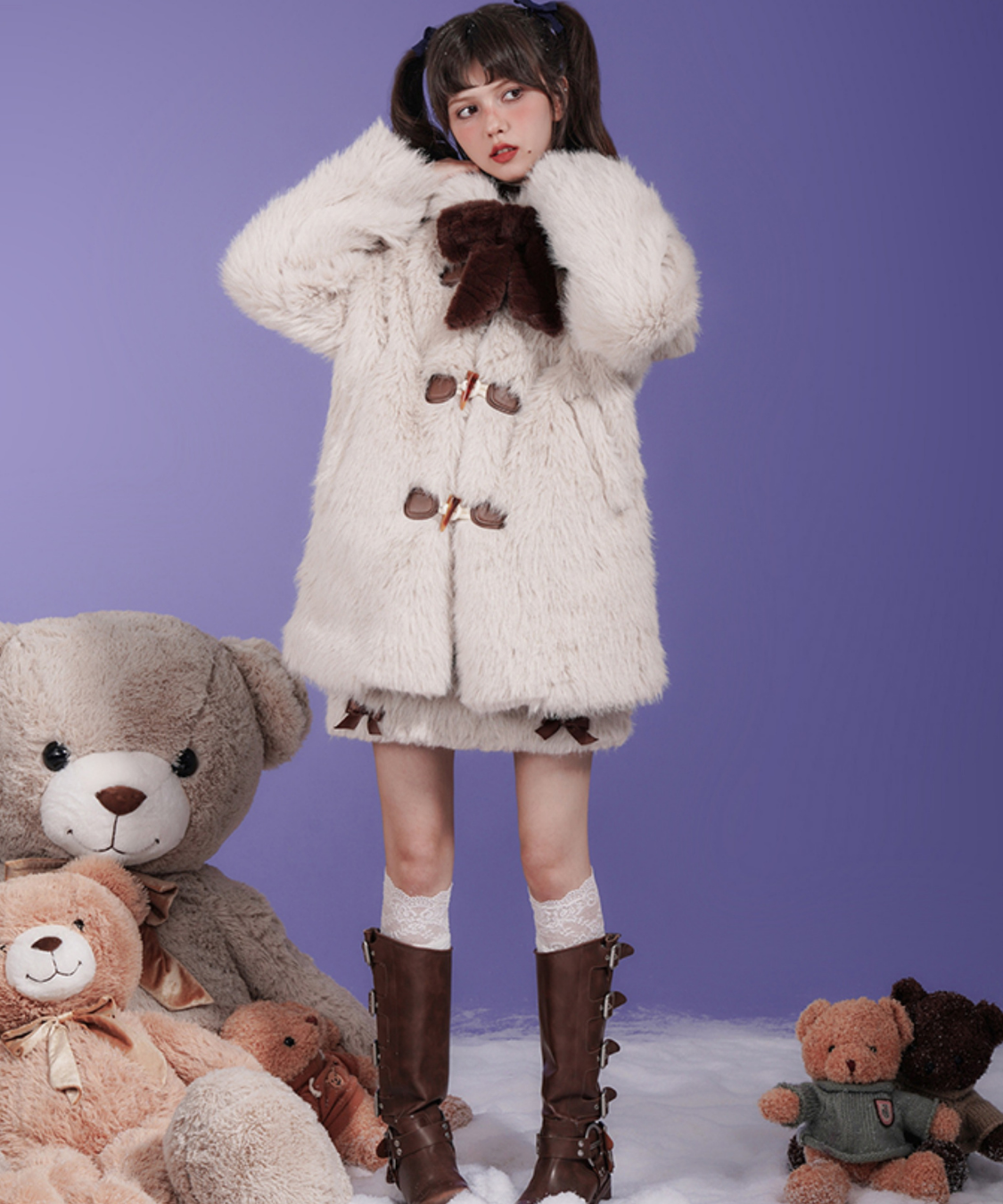 リボン付きセーラーデザインフェイクファーコート